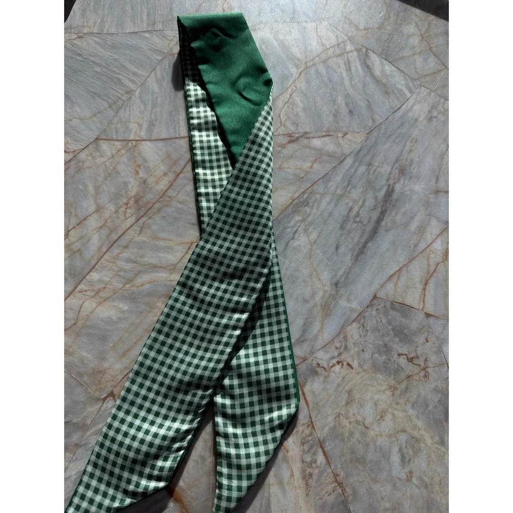Green Satin Skinny Scarf Reversible Gingham Check Neck Tie Hair Ribbon 32 Inch